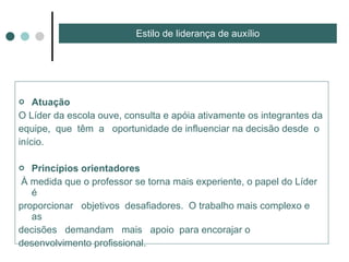 Estilo de liderança de auxílio Atuação  O Líder da escola ouve, consulta e apóia ativamente os integrantes da  equipe,  que  têm  a  oportunidade de influenciar na decisão desde  o início. Princípios orientadores  À medida que o professor se torna mais experiente, o papel do Líder é proporcionar  objetivos  desafiadores.  O trabalho mais complexo e  as  decisões  demandam  mais  apoio  para encorajar o  desenvolvimento profissional. 