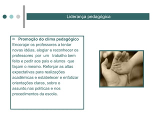 Promoção do clima pedagógico Encorajar os professores a tentar novas idéias, elogiar e reconhecer os professores  por  um  trabalho bem feito e pedir aos pais e alunos  que façam o mesmo. Reforçar as altas expectativas para realizações acadêmicas e estabelecer e enfatizar  orientações claras, sobre o  assunto,nas políticas e nos procedimentos da escola. Liderança pedagógica 