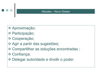 Aproximação; Participação; Cooperação;  Agir a partir das sugestões; Compartilhar as soluções encontradas ; Confiança; Delegar autoridade e dividir o poder. Atitudes – Novo Diretor 