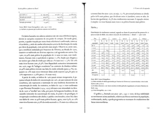 Escola pública e pobreza no Brasil
sem rend.( 1) 41 .244.409 49.709.113 57.809.024
--
Variação percentual 46,97% 44,04o/o 42,22°/o
sem decl. 298.3 37 1.065.633
Variação percentual 0,34% 1 0,94º/o o0
/o
Fonte: IBGE. Censo Demográfico, 1980, 1991 e 2000.
(1) Inclusi,·e as pessoas que receberam somente em benefícios.
Os dados baseados em salários mínimos não são uma referência segura,
devido às variações constantes de seu poder de compra. De modo geral,
porém, o quadro traçado por meio dessa referência é confirmado, como se
vê na tabela 3, onde são usadas informações acerca da distribuição de renda
por decis da população, num período mais amplo. Observa-se, nesse caso,
que a tendência assinalada por Francisco de Oliveira, na década de 1970,
manteve-se inalterada em diversos aspectos e até agravada em outros. Em
1960, os 40% mais pobres da população de 1o anos ou mais, com rendi-
mento, ficavam com o equivalente a apenas 1 1, 2%, fração que chegava a
ser menor que a fatia de renda que cabia ao 1% mais rico: 1 1, 7°10. Os 1 o%
mais ricos ficavam com 38,9°/o. Essa disparidade aumentou intensamente
em 1970, auge do "milagre econômico" no contexto da ditadura militar:
os 40% mais pobres tiveram sua fatia de renda reduzida (para 9, 1%), en-
quanto os IO% mais ricos retiveram fatias ainda maiores (48,4% para os
1o% superiores e 17,8% para o 1o/o mais rico).
A partir de então, os índices de 1960 jamais seriam recuperados. A pe-
quena redução do índice de concentração em 198 1, já num contexto de crise
econômica, não representa a instituição de uma tendência decrescente da
concentração de renda. Ao contrário, os dados de 1991 e 2000 confirmam
o que Florestan Fernandes ( 1 974, 197s) afirmara com intensidade na déca-
da de 1970: a "escolha" sem volta, por parte da burguesia brasileira, de um
caminho reiterador da concentração de renda, de poder e de privilégios. A
recuperação econômica não abalou o padrão concentrador, como fica claro
nos dados de 2000: os 40% mais pobres ficaram, agora, com 8,9%, os 10%
mais ricos ficaram com 50,6%da renda nacional e o 1% mais rico voltou a ter
4. O no1•0 ciclo de expansão
a mesma fatia dos anos 1970, ou seja, 17,1 %, percentual próximo ao obtido
pelos 60% mais pobres, que dividiram entre si (também, como se sabe, de
forma não igualitária) 18,5% dos rendimentos nacionais. A equação-síntese
é simples: os ricos ficaram mais ricos e os pobres ficaram mais pobres.
Tabela 3
Distribuição do rendimento nominal, segundo as classes de percentual das pessoas de ro
anos ou mais de idade, em ordem crescente de rendimento - Brasil - r 960/ 2000
Ano 1960(1) 1970(1) 1981 (2) 1991(3) 2000(3)
% % % % % % % % % % %
população renda acum. renda acum. renda acum. renda acum. renda acum.
até 10 0,9 0,9 1,06 1,06 1,0 1,0
11 a 20 1,9 l,8 1,68 l,74 "1 3,1
2 1 a 30 6,4 l,9 5,7 2,13 4,87 l,5 5,6
31 a40 4,8 11,2 9, 1 3,7 9,4 3,02 7,89 3.J 8,9
41 a 50 6,5 17,7 4,7 I 317 4,7 14,t 3,92 1 1,81 4,4 13,3
51 a 60 7,5 25. 2 6,j 20,0 5,9 20,0 5,07 16,88 5" 18,5
61 a 70 9,0 34,l 7,l 27,2 7,7 27,7 6,98 23,86 6,8 25,3
71 a 80 11,J 45,5 9,6 36,8 10,)' 38,l 9,76 33,62 9,3 34,6
81 a 90 15,6 61,6 14,8 51,7 16,0 54,l 15,67 49,29 14,8 49,4
91 a 100 38,9 100,0 48,4 100,0 45,8 100,0 50,71 100,00 50,6 100,0
5% 27,4 36,j J2,7 37,43 37,5
superiores
1 %1 superior 11,7 17,8 I 2 1 6 16,74 17, 1
Fonte: IBGE. Censos Demográficos.
( 1.) Dados extraídos de tabelas apresentadas por Francisco de Oliveira em A economia brasileira: critica à razão
d~alista (1988, p. 66-7);
(2) Os dados referentes a 1981 foram extraídos de tabela publicada originalmente no Anuário Estatístico do
Brasil, 1994;
(3) Censo Demográfico, 1991 e 2000.
O gráfico 3, limitado aos anos 198 l, 1 991 e 2000, dá boa visibilidade
ao movimento acima analisado, relativo aos blocos extremos da população,
evidenciando, ainda, a queda progressiva no montante de rendimentos das
faixas intermediárias.
239
 