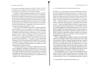 Escola ptÍblica e pobreza no Brasil
de expectativas relacionadas à presença da escola no território e na vida
nacional, com base em informações menos evidentes, como as categoriza-
cões utilizadas no levantamento e na apresentação dos dados.
As escalas do território privilegiadas na agregação dos dados, os aspectos
que detalhavam as condições físicas e materiais das escolas e os componentes
da ação escolar destacados são informações que, apesar de apenas implícitas
nos indicadores escolhidos, permitem avançar na apreensão das preocupa-
ções que rondavam a discussão da expansão escolar. Ainda mais se for dada
atenção ao fato de que tais indicadores não se restringiam aos itens exigidos
em nível internacional, incluindo informações que, por serem peculiares
ao Brasil, deveriam favorecer a compreensão dos problemas nacionais e a
consequente formulação de soluções (id., 1950).
A informação que imediatamente sobressai é a da rápida expansão das
redes de ensino. De 1933 a 1941, registrou-se um aumento de 48,7°/o no
número total de unidades de ensino de todos os níveis e tipos. A quantidade
de unidades escolares que ofereciam, exclusivamente ou não, o primário
superava em muito o número daquelas que ofereciam os demais níveis
de ensino. Em 1933, eram 29.553 unidades (91,1% do total); em 1941,
4 3. 1 34 (89, 5%). A evolução dos dados de matrícula geral nesse nível de
ensino, no mesmo período (de 2. 22 1.904 para 3. 347 .642, representando
um aumento de 50,67º/o), confirmava um forte equilíbrio entre a expansão
de unidades escolares e a de vagas. Em outros termos, a expansão da oferta
ocorria como um fenômeno de duplo sentido: maior ingresso na escola e
maior presença da escola no território.
Na ausência de parâmetros e mecanismos reguladores, porém, expan-
diam-se, igualmente, os problemas. As disparidades de toda ordem eram
imensas, especialmente em termos regionais. Entre regiões e, dentro destas,
entre capital e interior, área urbana e área rural, expressavam-se nos índices
de população em idade escolar alcançada pela oferta de vagas, na estrutura
escolar oferecida, em termos físicos e funcionais e, consequentemente, nas
condições e nos resultados educacionais.
130
_.,,.
2. A expansão da '!farta educacional
4. ~. UMA CAPACIDADE INESGOTÁVEL DE PRODUZIR DESIGUALDADES
Na década de r 9 50, é possível observar alterações significativas na elabora-
ção crítica a respeito dos problemas educacionais, e os embates em torno
da primeira LDB fornecem importante material para isso. Não cabe, aqui,
retomar em detalhes o processo de elaboração, discussão e aprovação dessa
LDB,36
mas é importante lembrar ao menos dois aspectos. Primeiro, sua
duração: tendo sua formulação prevista na Constituição de r946, o primeiro
projeto - elaborado a partir de 1947 por uma comissão nomeada pelo
ministro da Educação Clemente Mariani e encaminhado à Câmara Federal
em r948 - tramitou na Câmara Federal e no Senado por longos treze anos.
Recebeu numerosas emendas, dois substitutivos e reformulações realizadas
por comissões legislativas, tendo sido aprovado apenas em 1961 e com uma
feição "conciliadora" dos dois principais projetos em disputa. Segundo, as
próprias implicações dessa duração. A discussão do projeto atravessou um
período marcado por importantes mudanças, expressas na reordenação
de forças políticas e sociais, que começaram com o fim do Estado Novo e
desaguaram no golpe militar de 1964.
Portanto, o segundo aspecto, interligado ao primeiro, é que, pela situação
atípica de sua tramitação, a LDB se tornou o elemento em torno do qual
se reestruturaram o debate e a luta pela educação nacional que, na vigência
do Estado Novo, tinham sido sufocados de diferentes modos. Não que a
LDB, em si, tivesse importância menor. Sem dúvida, porém, era o ponto
de convergência de questões e ações além dos alcances de uma lei, e é nesse
sentido que interessa o debate em torno dela: pela visibilidade que deu ao
aprofundamento das formulações sobre debilidades da formação do sistema
educacional nacional, que remontavam a momentos bem anteriores.
Esse aprofundamento, por sua vez, não resultou simplesmente de uma
suposta "evolução" na discussão do problema, mas de modificações funda-
mentais no próprio quadro societário, institucional e intelectual em que
tal discussão passou a ocorrer. As manifestações produzidas ao longo da
36 Ver, particularmente, Roque Spencer Maciel de Barros ( 1960).
131
 