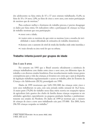 61
dos adolescentes na faixa etária de 15 a 17 anos estavam trabalhando; 11,6%, na
faixa de 10 a 14 anos; 1,8%, na faixa de cinco a nove anos, com maior participação
de meninos que de meninas.
Para conhecer melhor o fenômeno do trabalho precoce, é preciso desagregar
os dados por faixa etária. Os indicadores sobre a participação de crianças na força
de trabalho mostram que essa participação:
•	cresce com a idade;
•	é maior entre os meninos do que entre as meninas (com a ressalva da invi-
sibilidade e maior dificuldade de estimativa do trabalho doméstico);
•	decresce com o aumento do nível de renda das famílias onde estão inseridas; e
•	é mais elevada na área rural do que na urbana.
Trabalho infanto-juvenil por grupos de idade
Dos 5 aos 9 anos
Foi somente em 1993 que o Brasil assumiu oficialmente a existência de
crianças trabalhadoras com idades entre cinco e nove anos, em diferentes tipos de
trabalho e em diversos estados brasileiros. Esse reconhecimento tardio trouxe graves
conseqüências para a vida das crianças, se levarmos em conta que o país já dispunha
de legislação trabalhista regulamentando o acesso ao trabalho, além do Estatuto da
Criança e do Adolescente (ECA), promulgado em 1990.
Dados de 1995 mostravam que 3,6% (581.300) das crianças entre cinco e
nove anos trabalhavam no país, com uma jornada média semanal de 16,2 horas.
A maior parte (79,2%) do trabalho nessa faixa etária ocorria em ocupações típicas
da agricultura (três quartos dos chefes de família dessas crianças ocupavam-se em
atividades agrícolas), especialmente na pequena produção familiar, e predominan-
temente nos estados do Nordeste. Os dados de 1999 já mostram que o número
de crianças de cinco a nove anos trabalhando caiu para 375.000. Em 2001, havia
296.705 crianças ocupadas no trabalho.
	IBGE. Trabalho Infantil-2001. Rio de Janeiro: IBGE, 2003.
	IBGE, 2003. op. cit.
 
