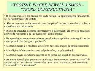 VYGOTSKY, PIAGET, NEWELL & SIMON – “TEORIA CONSTRUCTIVISTA” O conhecimento é construído por cada pessoa.  A aprendizagem fundamenta-se  na “construção” de sentido  São as representações mentais que “impõem” ordem e coerência sobre a experiência e a informação O acto de aprender é sempre interpretativo e inferencial:  ele envolve processos activos de raciocínio e de “conversação” com o mundo Os aprendentes competentes são os que dominam aptidões metacognitivas (na autoregulação das “cargas cognitivas”) A aprendizagem é o resultado de esforço pessoal e menos de aptidões naturais A inteligência humana é expansível pelo esforço e pelo estímulo A aprendizagem duradoura sustenta-se na dimensão social do conhecimento As novas tecnologias podem ser poderosos instrumentos “construtivistas” da aprendizagem se forem potenciadas nas suas vertentes eminentemente  “relacional” e “motivacional” 