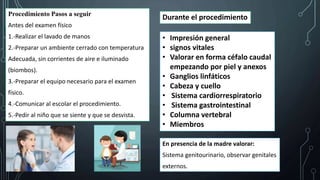 Procedimiento Pasos a seguir
Antes del examen físico
1.-Realizar el lavado de manos
2.-Preparar un ambiente cerrado con temperatura
Adecuada, sin corrientes de aire e iluminado
(biombos).
3.-Preparar el equipo necesario para el examen
físico.
4.-Comunicar al escolar el procedimiento.
5.-Pedir al niño que se siente y que se desvista.
Durante el procedimiento
• Impresión general
• signos vitales
• Valorar en forma céfalo caudal
empezando por piel y anexos
• Ganglios linfáticos
• Cabeza y cuello
• Sistema cardiorrespiratorio
• Sistema gastrointestinal
• Columna vertebral
• Miembros
En presencia de la madre valorar:
Sistema genitourinario, observar genitales
externos.
 