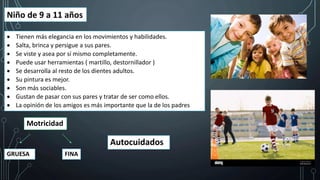 Niño de 9 a 11 años
 Tienen más elegancia en los movimientos y habilidades.
 Salta, brinca y persigue a sus pares.
 Se viste y asea por sí mismo completamente.
 Puede usar herramientas ( martillo, destornillador )
 Se desarrolla al resto de los dientes adultos.
 Su pintura es mejor.
 Son más sociables.
 Gustan de pasar con sus pares y tratar de ser como ellos.
 La opinión de los amigos es más importante que la de los padres
Motricidad
GRUESA FINA
Autocuidados
 