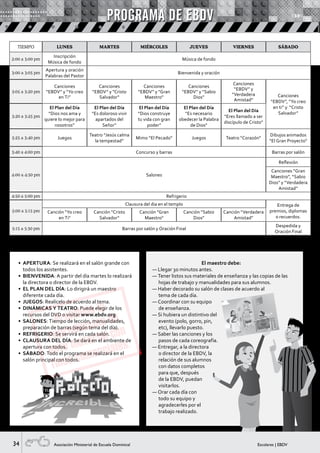 34 Escolares | EBDVAsociación Ministerial de Escuela Dominical
Lección PROGRAMA DE EBDV
Adapta el programa u horario de acuerdo a tu realidad.
•	 APERTURA: Se realizará en el salón grande con
todos los asistentes.
•	 BIENVENIDA: A partir del día martes lo realizará
la directora o director de la EBDV.
•	 EL PLAN DEL DÍA: Lo dirigirá un maestro
diferente cada día.	
•	 JUEGOS: Realícelo de acuerdo al tema.
•	 DINÁMICAS Y TEATRO: Puede elegir de los
recursos del DVD o visitar www.ebdv.org
•	 SALONES: Tiempo de lección, manualidades,
preparación de barras (según tema del día).
•	 REFRIGERIO: Se servirá en cada salón.
•	 CLAUSURA DEL DÍA: Se dará en el ambiente de
apertura con todos.	
•	 SÁBADO: Todo el programa se realizará en el
salón principal con todos.
TIEMPO LUNES MARTES MIÉRCOLES JUEVES VIERNES SÁBADO
2:00 a 3:00 pm
Inscripción
Música de fondo
Música de fondo
3:00 a 3:05 pm
Apertura y oración
Palabras del Pastor
Bienvenida y oración
3:05 a 3:20 pm
Canciones
“EBDV” y “Yo creo
en Ti”
Canciones
“EBDV” y "Cristo
Salvador"
Canciones
“EBDV” y "Gran
Maestro"
Canciones
“EBDV” y "Sabio
Dios"
Canciones
“EBDV” y
"Verdadera
Amistad"
Canciones
“EBDV”, “Yo creo
en ti” y “Cristo
Salvador”
3:20 a 3:25 pm
El Plan del Día
“Dios nos ama y
quiere lo mejor para
nosotros”
El Plan del Día
"Es doloroso vivir
apartados del
Señor"
El Plan del Día
"Dios construye
tu vida con gran
poder"
El Plan del Día
"Es necesario
obedecer la Palabra
de Dios"
El Plan del Día
"Eres llamado a ser
discípulo de Cristo"
3:25 a 3:40 pm Juegos
Teatro “Jesús calma
la tempestad“
Mimo “El Pecado“ Juegos Teatro “Corazón“
Dibujos animados
“El Gran Proyecto“
3:40 a 4:00 pm Concurso y barras Barras por salón
4:00 a 4:50 pm Salones
Reflexión
Canciones “Gran
Maestro”, “Sabio
Dios” y “Verdadera
Amistad”
4:50 a 5:00 pm Refrigerio
5:00 a 5:15 pm
Clausura del dia en el templo Entrega de
premios, diplomas
o recuerdos.
Canción "Yo creo
en Ti"
Canción "Cristo
Salvador"
Canción "Gran
Maestro"
Canción "Sabio
Dios"
Canción "Verdadera
Amistad"
5:15 a 5:30 pm Barras por salón y Oración Final
Despedida y
Oración Final
El maestro debe:
— Llegar 30 minutos antes.
— Tener listos sus materiales de enseñanza y las copias de las
hojas de trabajo y manualidades para sus alumnos.
— Haber decorado su salón de clases de acuerdo al
tema de cada día.
— Coordinar con su equipo
de enseñanza.
— Si hubiera un distintivo del
evento (polo, gorro, pin,
etc), llevarlo puesto.
— Saber las canciones y los
pasos de cada coreografía.
— Entregar, a la directora
o director de la EBDV, la
relación de sus alumnos
con datos completos
para que, después
de la EBDV, puedan
visitarlos.
— Orar cada día con
todo su equipo y
agradecerles por el
trabajo realizado.
 