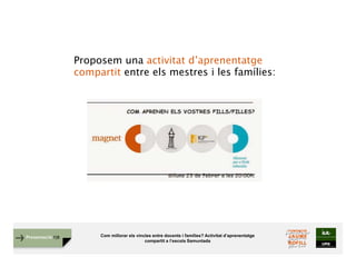 Com millorar els vincles entre docents i famílies? Activitat d’aprenentatge
compartit a l’escola Samuntada
Presentació FJB
Proposem una activitat d’aprenentatge
compartit entre els mestres i les famílies:
 