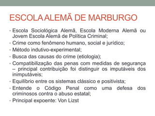ESCOLAALEMÃ DE MARBURGO
• Escola Sociológica Alemã, Escola Moderna Alemã ou
Jovem Escola Alemã de Política Criminal;
• Crime como fenômeno humano, social e jurídico;
• Método indutivo-experimental;
• Busca das causas do crime (etiologia);
• Compatibilização das penas com medidas de segurança
– principal contribuição foi distinguir os imputáveis dos
inimputáveis;
• Equilíbrio entre os sistemas clássico e positivista;
• Entende o Código Penal como uma defesa dos
criminosos contra o abuso estatal;
• Principal expoente: Von Lizst
 