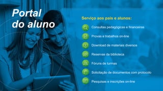 Portal
do aluno Consultas pedagógicas e financeiras
Provas e trabalhos on-line
Download de materiais diversos
Reservas da biblioteca
Fóruns de turmas
Solicitação de documentos com protocolo
Pesquisas e inscrições on-line
Serviço aos pais e alunos:
 