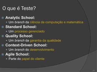 O que é Teste?
   Analytic School:
     Um branch da ciência da computação e matemática
   Standard School:
     Um processo gerenciado
   Quality School:
     Um branch da garantia da qualidade
   Context-Driven School:
     Um branch do desenvolvimento
   Agile School:
     Parte do papel do cliente


                                                        | 39
 