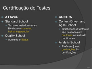 Certificação de Testes
   A FAVOR                         CONTRA
   Standard School                 Context-Driven and
     Torna os testadores mais       Agile School
      fáceis para contratar,          Certificações Existentes
      treinar e gerenciar              são baseados em
   Quality School                     doutrinas ao invés de
                                       habilidades
     Aumenta o Status
                                    Analytic School
                                      Preferem [pós-]
                                       graduações às
                                       certificações




                                                               | 41
 