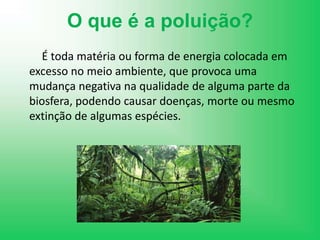 O que é a poluição?        É toda matéria ou forma de energia colocada em excesso no meio ambiente, que provoca uma mudança negativa na qualidade de alguma parte da biosfera, podendo causar doenças, morte ou mesmo extinção de algumas espécies.