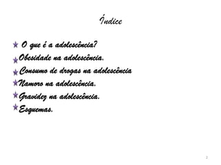 Índice   O que é a adolescência? Obesidade na adolescência.. Consumo de drogas na adolescência Namoro na adolescência.  Gravidez na adolescência.  Esquemas.2