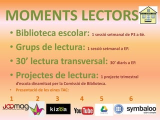 MOMENTS LECTORS
• Biblioteca escolar: 1 sessió setmanal de P3 a 6è.
• Grups de lectura: 1 sessió setmanal a EP.
• 30’ lectura transversal: 30’ diaris a EP.
• Projectes de lectura: 1 projecte trimestral
d’escola dinamitzat per la Comissió de Biblioteca.
• Presentació de les eines TAC:
1 2 3 4 5 6
 