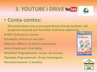 3. YOUTUBE i DRIVE
• Conta-contes:
29 Contes bojos com a una experiència d’ús de tauletes i del
programa youtube per fomentar la lectura expressiva.
Àmbit: Gust per la Lectura
Estratègia: lectura en veu alta.
Objectiu: Millorar la lectura expressiva.
Nivell d’aplicació: Cicle Mitjà.
Modalitat d’agrupament: Grups de Lectura.
Tipologia d’agrupament: Grups heterogenis.
Recursos humans: 5 mestres.
 