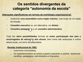 Os sentidos divergentes da
categoria “autonomia da escola”
Alterações significativas em termos de morfologia organizacional:
o Instituindo uma assembleia como órgão máximo, mas longe de um órgão
de direção;
Conselho executivo ou, em alternativa, um diretor ;
Conselho pedagógico e um conselho administrativo.
Tudo isto abriu possibilidades formais de maior participação dos pais e
encarregados de educação dos alunos, bem como das autarquias e outros
atores locais, em torno da assembleia.
Revisão Institucional de 1982:
o Autonomia Universitária;
o Os estabelecimentos do ensino superior passaram a usufruir autonomia
cientifica, pedagógica, administrativa e financeira.
 