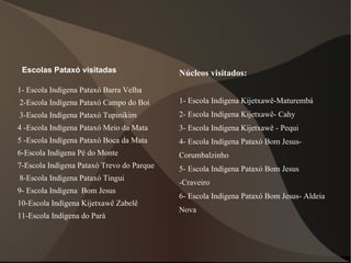 1- Escola Indígena Pataxó Barra Velha 2-Escola Indígena Pataxó Campo do Boi 3-Escola Indígena Pataxó Tupinikim 4 -Escola Indígena Pataxó Meio da Mata 5 -Escola Indígena Pataxó Boca da Mata 6-Escola Indígena Pé do Monte 7-Escola Indígena Pataxó Trevo do Parque  8-Escola Indígena Pataxó Tingui 9- Escola Indígena  Bom Jesus 10-Escola Indígena Kijetxawê Zabelê 11-Escola Indígena do Pará Escolas Pataxó visitadas Núcleos visitados: 1- Escola Indígena Kijetxawê-Maturembá 2- Escola Indígena Kijetxawê- Cahy 3- Escola Indígena Kijetxawê - Pequi 4- Escola Indígena Pataxó Bom Jesus- Corumbalzinho 5- Escola Indígena Pataxó Bom Jesus -Craveiro 6- Escola Indígena Pataxó Bom Jesus- Aldeia Nova 