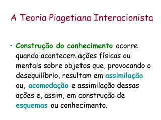 A Teoria Piagetiana Interacionista Construção do conhecimento   ocorre quando acontecem ações físicas ou mentais sobre objetos que, provocando o desequilíbrio, resultam em  assimilação   ou,   acomodação   e assimilação dessas ações e, assim, em construção de  esquemas   ou conhecimento.  