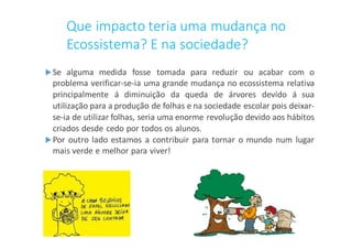 Que impacto teria uma mudança no
Ecossistema? E na sociedade?
Se alguma medida fosse tomada para reduzir ou acabar com o
problema verificar-se-ia uma grande mudança no ecossistema relativa
principalmente á diminuição da queda de árvores devido á sua
utilização para a produção de folhas e na sociedade escolar pois deixar-
se-ia de utilizar folhas, seria uma enorme revolução devido aos hábitos
criados desde cedo por todos os alunos.
Por outro lado estamos a contribuir para tornar o mundo num lugar
mais verde e melhor para viver!
 