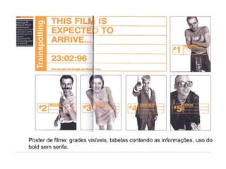Poster de filme: grades visíveis, tabelas contendo as informações, uso do
bold sem serifa.
 
