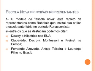 ESCOLA NOVA PRINCIPAIS REPRESENTANTES
1- O modelo de “escola nova” está repleto de
representantes como Rabelais que institui sua crítica
a escola autoritária no período Renascentista;
2- entre os que se destacam podemos citar:
a) Dewey e Kilpatrick nos EUA;
b) Claparède, Decroly, Montessori e Freinet na
Europa;
c) Fernando Azevedo, Anísio Teixeira e Lourenço
Filho no Brasil;
 