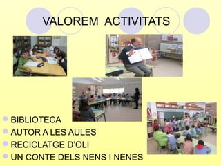 VALOREM ACTIVITATS 
BIBLIOTECA 
AUTOR A LES AULES 
RECICLATGE D’OLI 
UN CONTE DELS NENS I NENES 
 