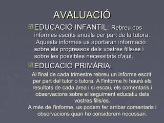 AAVVAALLUUAACCIIÓÓ 
EEDDUUCCAACCIIÓÓ IINNFFAANNTTIILL:: RReebbrreeuu ddooss 
iinnffoorrmmeess eessccrriittss aannuuaallss ppeerr ppaarrtt ddee llaa ttuuttoorraa.. 
AAqquueessttss iinnffoorrmmeess uuss aappoorrttaarraann iinnffoorrmmaacciióó 
ssoobbrree eellss pprrooggrreessssooss ddeellss vvoossttrreess ffiillllss//eess ii 
ssoobbrree lleess ppoossssiibblleess nneecceessssiittaattss dd''aajjuutt.. 
EEDDUUCCAACCIIÓÓ PPRRIIMMÀÀRRIIAA:: 
Al final de cada trimestre rebreu un informe escrit 
per part del tutor o tutora. A l'informe hi haurà els 
resultats de cada àrea i si escau, els comentaris i 
observacions sobre el seguiment educatiu dels 
vostres fills/es. 
A més de l'informe, us podem fer arribar comentaris i 
observacions quan ho considerem necessari. 
 