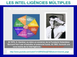 LES INTEL·LIGÈNCIES MÚLTIPLES
Dr. Howard Gardner de la Universitat de Harvard
Al 1979, H. Gardner va rebre un encàrrec de la Fundació Holandesa
Bernard Van Leer d’estudiar el potencial humà. Al 1983: formulà una
nova teoria de la intel·ligència: “Estructures de la ment”
http://www.youtube.com/watch?v=U9PkESxUjEY&feature=channel_page
 