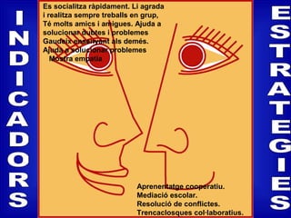 Es socialitza ràpidament. Li agrada
i realitza sempre treballs en grup,
Té molts amics i amigues. Ajuda a
solucionar dubtes i problemes
Gaudeix ensenyant als demés.
Ajuda a solucionar problemes
Mostra empatia
Aprenentatge cooperatiu.
Mediació escolar.
Resolució de conflictes.
Trencaclosques col·laboratius.
 