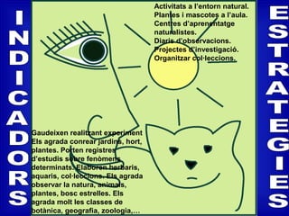 Gaudeixen realitzant experiment
Els agrada conrear jardins, hort,
plantes. Porten registres
d’estudis sobre fenòmens
determinats. Elaboren herbaris,
aquaris, col·leccions. Els agrada
observar la natura, animals,
plantes, bosc estrelles. Els
agrada molt les classes de
botànica, geografia, zoologia,…
Activitats a l’entorn natural.
Plantes i mascotes a l’aula.
Centres d’aprenentatge
naturalistes.
Diaris d’observacions.
Projectes d’investigació.
Organitzar col·leccions.
 