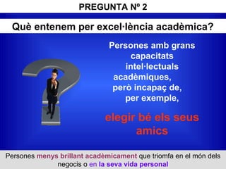 Què entenem per excel·lència acadèmica?
Persones amb grans
capacitats
intel·lectuals
acadèmiques,
però incapaç de,
per exemple,
elegir bé els seus
amics
Persones menys brillant acadèmicament que triomfa en el món dels
negocis o en la seva vida personal
PREGUNTA Nº 2
 