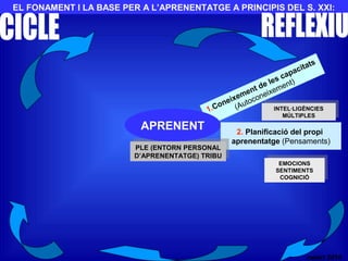 EL FONAMENT I LA BASE PER A L’APRENENTATGE A PRINCIPIS DEL S. XXI:
1.Coneixement de les capacitats
(Autoconeixement)
2. Planificació del propi
aprenentatge (Pensaments)
INTEL·LIGÈNCIES
MÚLTIPLES
INTEL·LIGÈNCIES
MÚLTIPLES
EMOCIONS
SENTIMENTS
COGNICIÓ
EMOCIONS
SENTIMENTS
COGNICIÓ
PLE (ENTORN PERSONAL
D’APRENENTATGE) TRIBU
PLE (ENTORN PERSONAL
D’APRENENTATGE) TRIBU
APRENENT
nalart 2010
 