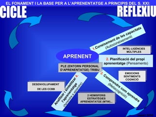 EL FONAMENT I LA BASE PER A L’APRENENTATGE A PRINCIPIS DEL S. XXI:
1.Coneixement de les capacitats
(Autoconeixement)
2. Planificació del propi
aprenentatge (Pensaments)
3. Com
prendre
com
aprendre
(Metacognició)
Analitzarisintetitzar4.
l’aprenentatge
(Aprendre
a
aprendre)
INTEL·LIGÈNCIES
MÚLTIPLES
INTEL·LIGÈNCIES
MÚLTIPLES
EMOCIONS
SENTIMENTS
COGNICIÓ
EMOCIONS
SENTIMENTS
COGNICIÓ
2 HEMISFERIS
ESTRATÈGIES
APRENENTATGE (MTW)...
2 HEMISFERIS
ESTRATÈGIES
APRENENTATGE (MTW)...
DESENVOLUPAMENT
DE LES CCBB
DESENVOLUPAMENT
DE LES CCBB
PLE (ENTORN PERSONAL
D’APRENENTATGE) TRIBU
PLE (ENTORN PERSONAL
D’APRENENTATGE) TRIBU
APRENENT
nalart 2010
 