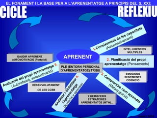 EL FONAMENT I LA BASE PER A L’APRENENTATGE A PRINCIPIS DEL S. XXI:
1.Coneixement de les capacitats
(Autoconeixement)
2. Planificació del propi
aprenentatge (Pensaments)
3. Com
prendre
com
aprendre
(Metacognició)
Avaluació del propi aprenentatge 5.
(Autoreflexió, automotivació)
Analitzarisintetitzar4.
l’aprenentatge
(Aprendre
a
aprendre)
INTEL·LIGÈNCIES
MÚLTIPLES
INTEL·LIGÈNCIES
MÚLTIPLES
EMOCIONS
SENTIMENTS
COGNICIÓ
EMOCIONS
SENTIMENTS
COGNICIÓ
2 HEMISFERIS
ESTRATÈGIES
APRENENTATGE (MTW)...
2 HEMISFERIS
ESTRATÈGIES
APRENENTATGE (MTW)...
DESENVOLUPAMENT
DE LES CCBB
DESENVOLUPAMENT
DE LES CCBB
GAUDIR APRENENT
AUTOMOTIVACIÓ (Portafoli)
GAUDIR APRENENT
AUTOMOTIVACIÓ (Portafoli)
PLE (ENTORN PERSONAL
D’APRENENTATGE) TRIBU
PLE (ENTORN PERSONAL
D’APRENENTATGE) TRIBU
APRENENT
nalart 2010
 