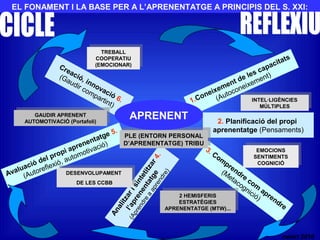 EL FONAMENT I LA BASE PER A L’APRENENTATGE A PRINCIPIS DEL S. XXI:
1.Coneixement de les capacitats
(Autoconeixement)
2. Planificació del propi
aprenentatge (Pensaments)
Creació, innovació 6.
(Gaudir compartint)
3. Com
prendre
com
aprendre
(Metacognició)
Avaluació del propi aprenentatge 5.
(Autoreflexió, automotivació)
Analitzarisintetitzar4.
l’aprenentatge
(Aprendre
a
aprendre)
INTEL·LIGÈNCIES
MÚLTIPLES
INTEL·LIGÈNCIES
MÚLTIPLES
EMOCIONS
SENTIMENTS
COGNICIÓ
EMOCIONS
SENTIMENTS
COGNICIÓ
2 HEMISFERIS
ESTRATÈGIES
APRENENTATGE (MTW)...
2 HEMISFERIS
ESTRATÈGIES
APRENENTATGE (MTW)...
DESENVOLUPAMENT
DE LES CCBB
DESENVOLUPAMENT
DE LES CCBB
GAUDIR APRENENT
AUTOMOTIVACIÓ (Portafoli)
GAUDIR APRENENT
AUTOMOTIVACIÓ (Portafoli)
PLE (ENTORN PERSONAL
D’APRENENTATGE) TRIBU
PLE (ENTORN PERSONAL
D’APRENENTATGE) TRIBU
TREBALL
COOPERATIU
(EMOCIONAR)
TREBALL
COOPERATIU
(EMOCIONAR)
APRENENT
nalart 2010
 
