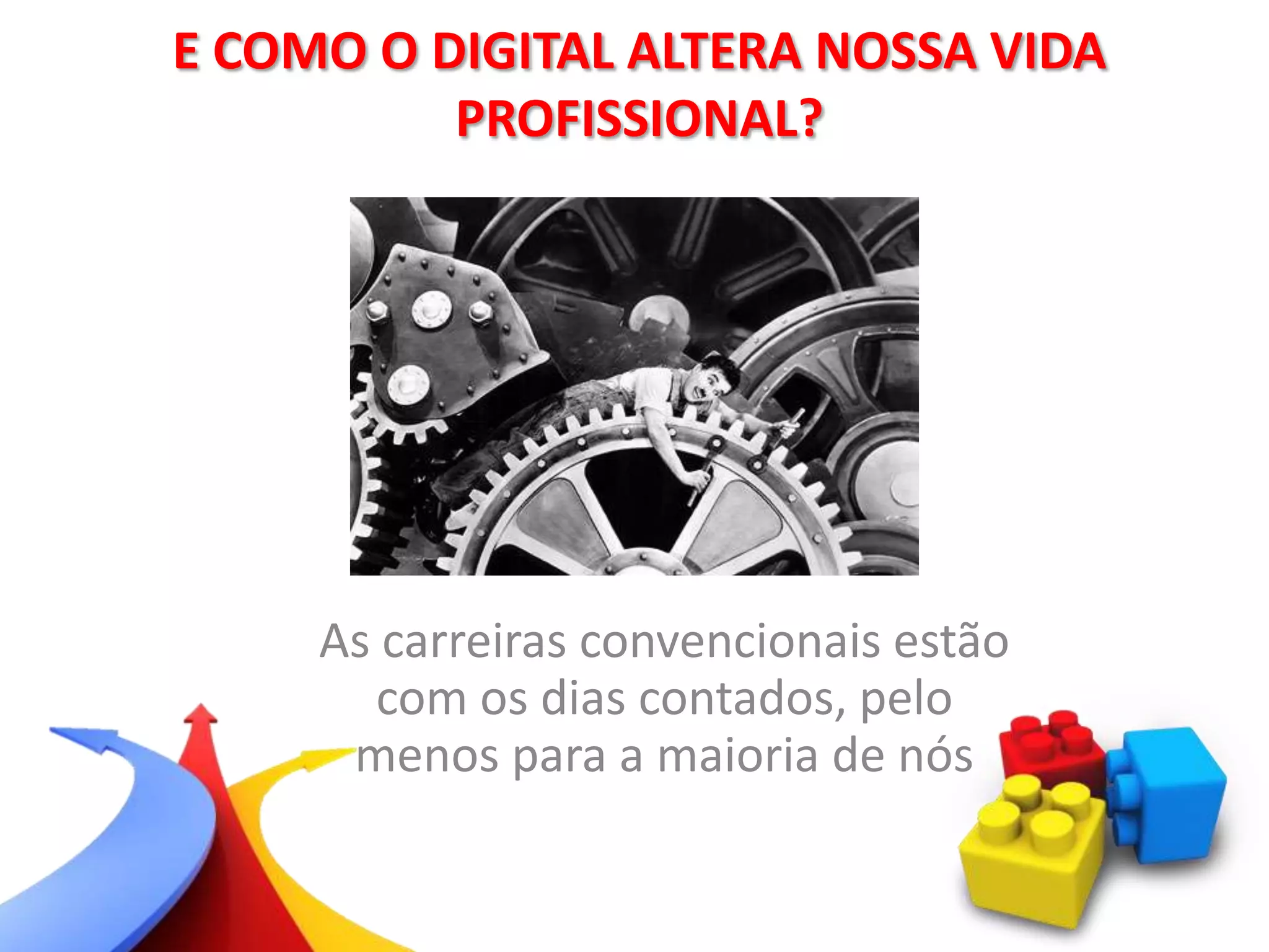 As carreiras convencionais estão
com os dias contados, pelo
menos para a maioria de nós
E COMO O DIGITAL ALTERA NOSSA VIDA
PROFISSIONAL?
 