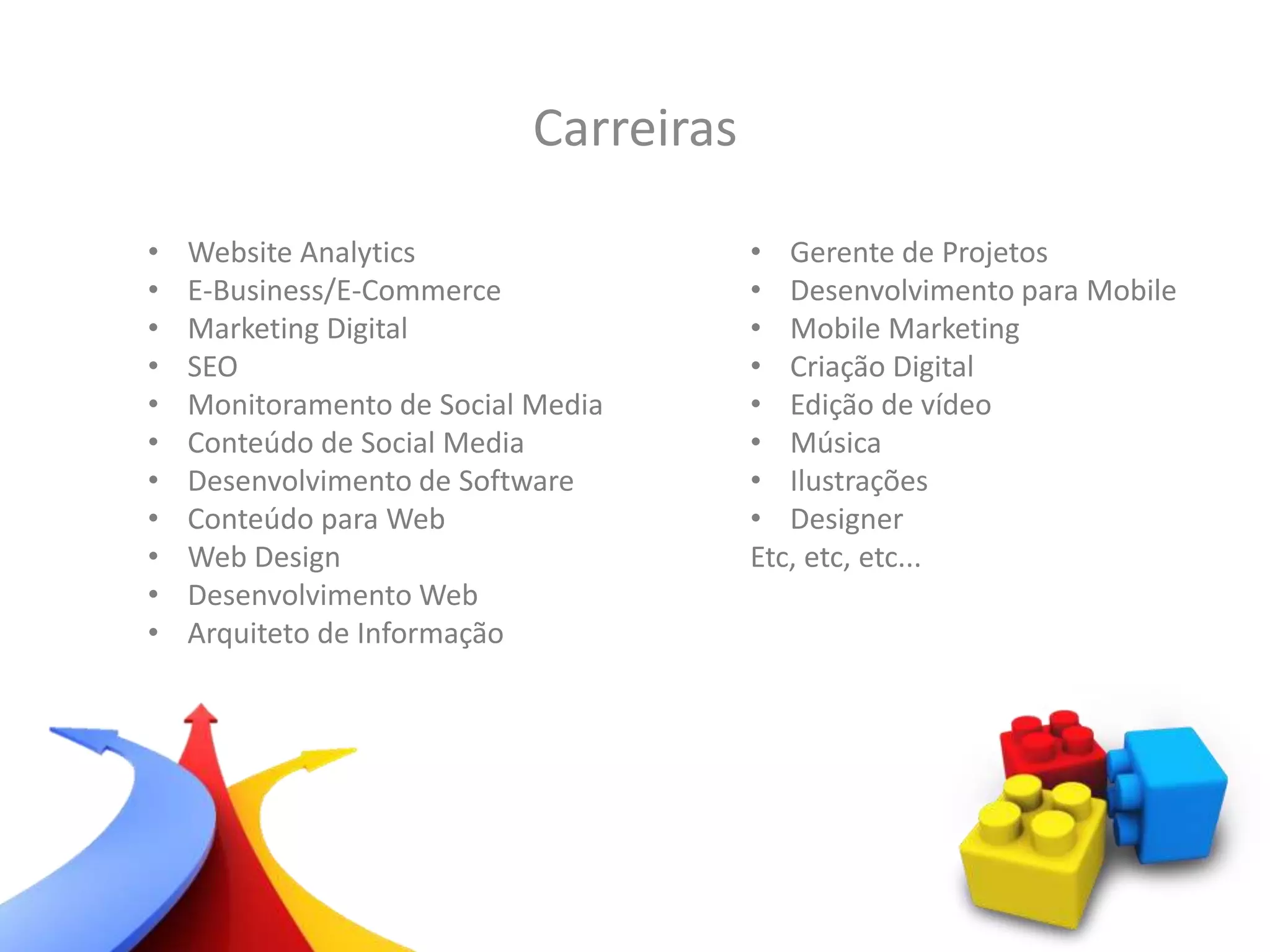 Carreiras
• Website Analytics
• E-Business/E-Commerce
• Marketing Digital
• SEO
• Monitoramento de Social Media
• Conteúdo de Social Media
• Desenvolvimento de Software
• Conteúdo para Web
• Web Design
• Desenvolvimento Web
• Arquiteto de Informação
• Gerente de Projetos
• Desenvolvimento para Mobile
• Mobile Marketing
• Criação Digital
• Edição de vídeo
• Música
• Ilustrações
• Designer
Etc, etc, etc...
 