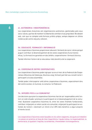 annual report 2020 13
6 4t. AUTONOMIA I INDEPENDÈNCIA
3r. PARTICIPACIÓ ECONÒMICA
Les cooperatives d’alumnes són organitzacions autònomes, gestionades pels seus
socis i sòcies, que han de mantenir la llibertat de controlar el seu propi destí. No obstant
això, com que no compten amb formula jurídica pròpia, sempre depenen en última
instància del centre educatiu referent.
5è. EDUCACIÓ, FORMACIÓ I INFORMACIÓ
Les cooperatives d’alumnes proporcionen educació i formació als socis i sòcies perquè
puguin contribuir al desenvolupament de les seves cooperatives d’una manera
eficaç. La formació es garanteix en dos àmbits: cooperativisme i formació tècnica.
També informen l’entorn de la naturalesa i dels beneficis de la cooperació.
6è. COOPERACIÓ ENTRE COOPERATIVES
Les cooperatives d’alumnes poden agrupar-se en el marc de la Federació de Coope-
ratives d’Alumnes de Catalunya, Alumnes.coop, formant part del seu consell rector i
participant a la seva assemblea.
També poden intercooperar amb altres cooperatives d’alumnes, especialment dins
del centre escolar, el municipi, la comarca i la Federació.
3r. PARTICIPACIÓ ECONÒMICA
7è. INTERÈS PER A LA COMUNITAT
Les decisions que pren la cooperativa d’alumnes han de ser responsables amb l’en-
torn on està situada i promoure la participació en el desenvolupament de la comu-
nitat. Qualsevol cooperativa d’alumnes té, entre les seves finalitats fundacionals,
contribuir mitjançant un retorn social a la comunitat, mitjançant la participació en ac-
tivitats de l’entorn i destinant un mínim d’un 20% dels beneficis a algun projecte
d’interès social.
Les cooperatives d’alumnes estan basades en els valors següents, els quals es treballen
i es posen en pràctica al llarg de tota l’experiència: l’ajuda mútua, la responsabilitat, la
democràcia, la igualtat i l’equitat, la solidaritat, l’honestedat i la transparència.
Marc metodològic cooperatives d’alumnes EscolesCoop
 