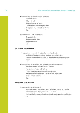annual report 2020
38
	 • Cooperatives de dinamització d’activitats:
		 - Jocs de memòria
		 - Tallers de ball
		 - Organització de xerrades
		 - Converses als casals de gent gran
		 - Guiatge als museus de la població
		- Etc.
	 • Cooperatives d’arts escèniques:
		 - Grups de teatre
		 - Grups de dansa i ball
		 - Grups de música
		- Etc.
Serveis de manteniment:
	 • Cooperatives de serveis de reciclatge i medi ambient:
		 - Reciclatge (restes de menjar, plàstics, pots, llibres, etc.)
		 - Elaboració de compost a partir de restes de menjar de menjadors 	
		escolars
	 • Cooperatives de servei de reparacions i manteniment general:
		 - Manteniment de les instal·lacions escolars
		 - Mantenimment dels ordinadors
		 - Petites reparacions de manteniment general
		 - Manteniment d’instruments i instal·lacions esportives
		 - Neteja d’instal·lacions
		- Etc.
Serveis de comunicació:
	 • Cooperatives de comunicació:
		 - Participació en la gestió de la web i les xarxes socials de l’escola
		 - Informació sobre el cooperativisme a l’escola
		 - Informació sobre les activitats de la resta de les cooperatives de l’escola
		- Etc.
Marc metodològic cooperatives d’alumnes EscolesCoop
 