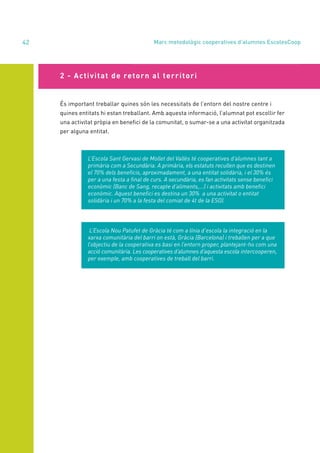 annual report 2020
42
És important treballar quines són les necessitats de l’entorn del nostre centre i
quines entitats hi estan treballant. Amb aquesta informació, l’alumnat pot escollir fer
una activitat pròpia en benefici de la comunitat, o sumar-se a una activitat organitzada
per alguna entitat.
2 - Activitat de retorn al territori
L’Escola Sant Gervasi de Mollet del Vallès té cooperatives d’alumnes tant a
primària com a Secundària. A primària, els estatuts recullen que es destinen
el 70% dels beneficis, aproximadament, a una entitat solidària, i el 30% és
per a una festa a final de curs. A secundària, es fan activitats sense benefici
econòmic (Banc de Sang, recapte d’aliments,...) i activitats amb benefici
econòmic. Aquest benefici es destina un 30% a una activitat o entitat
solidària i un 70% a la festa del comiat de 4t de la ESO).
L’Escola Nou Patufet de Gràcia té com a línia d’escola la integració en la
xarxa comunitària del barri on està, Gràcia (Barcelona) i treballen per a que
l’objectiu de la cooperativa es basi en l’entorn proper, plantejant-ho com una
acció comunitària. Les cooperatives d’alumnes d’aquesta escola intercooperen,
per exemple, amb cooperatives de treball del barri.
Marc metodològic cooperatives d’alumnes EscolesCoop
 
