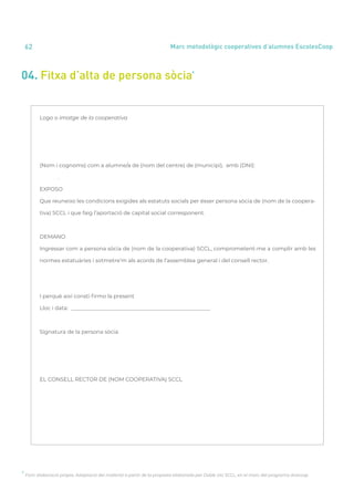 annual report 2020
62 Marc metodològic cooperatives d’alumnes EscolesCoop
04. Fitxa d’alta de persona sòcia
4
4
Font: elaboració pròpia. Adaptació del material a partir de la proposta elaborada per Doble Via SCCL, en el marc del programa Aracoop
Logo o imatge de la cooperativa
(Nom i cognoms) com a alumne/a de (nom del centre) de (municipi), amb (DNI):
.
EXPOSO
Que reuneixo les condicions exigides als estatuts socials per ésser persona sòcia de (nom de la coopera-
tiva) SCCL i que faig l’aportació de capital social corresponent.
DEMANO
Ingressar com a persona sòcia de (nom de la cooperativa) SCCL, comprometent-me a complir amb les
normes estatuàries i sotmetre’m als acords de l’assemblea general i del consell rector.
I perquè així consti firmo la present
Lloc i data: ____________________________________________________
Signatura de la persona sòcia
EL CONSELL RECTOR DE (NOM COOPERATIVA) SCCL
 
