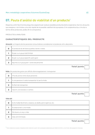 annual report 2020 65
Marc metodològic cooperatives d’alumnes EscolesCoop
07. Pauta d’anàlisi de viabilitat d’un producte
5
5
Font: elaboració pròpia. Adaptació del material a partir de la proposta elaborada per Doble Via SCCL, en el marc del programa Aracoop
Responeu amb l’alumnat les preguntes següents per avaluar possibles productes de la cooperativa. Escriviu els punts
que assigneu i així tindreu una visió ràpida de la possible viabilitat de la proposta. Si la cooperativa duu o ha dut a
terme altres productes, podeu fer la comparativa.
PRODUCTES A ANALITZAR:
CARACTERÍSTIQUES DEL PRODUCTE
Atracció. La majoria de les persones consumidores consideraran el producte útil o decoratiu
0 El producte és de baixa qualitat, barat o vistós
1 És per a un grup molt limitat
2 És per a un grup específic però gran
3 Apunta a un grup gran i variat de persones
											 Total punts
Mida. Els productes grans son difícils d’emmagatzemar i transportar
0 S’ha de portar entre dues persones
1 A una persona li costa transportar-lo per la mida
2 És fàcil de transportar
3 Cap en una butxaca o cartera
											 Total punts
Vida útil
0 Es fa malbé fàcilment, s’asseca, es desfà, perd vigència, etc.
1 És estacional o una moda
2 Pot durar un any o més
3 Vida útil il·limitada
											 Total punts
 