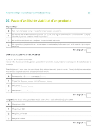 annual report 2020 67
Marc metodològic cooperatives d’alumnes EscolesCoop
07. Pauta d’anàlisi de viabilitat d’un producte
0 Tots els materials cal comprar-los a diferents empreses proveïdores
1
La majoria dels materials s’aconsegueixen a la ciutat, però alguns elements clau cal comprar-los a un pro-
veïdor llunyà sense contacte amb la cooperativa
2 Els materials els té una única empresa proveïdora local o llunyana
3
Els materials poden adquirir-se a una empresa proveïdora local o llunyana però amb experiència amb coo-
peratives
											 Total punts
CONSIDERACIONS FINANCERES
El preu ha de ser raonable i rendible.
Nota: si hi ha diversos productes, pot ser apropiat tenir productes barats, mitjans i cars. Les guies de treball són per al
producte.
Preu. Pot vendre’s a un preu competitiu que deixi guanys i permeti obtenir marge? Preus més baixos requereixen
més vendes i els productes més cars són difícils de vendre.
0 Preu superior a €_______ o menys de €_______
1 Preu entre €_______ - _______ o entre €_______ - _______
2 Preu entre €_______ - _______
3 Preu entre €_______ - _______
											 Total punts
Marge brut. Ha de ser almenys del 35%. Marge brut = (Preu – cost del material) / preu x 100.
0 Marge brut < 35%
1 Marge brut = 35%
2 Marge brut = 41-45%
3 Marge brut > 45%
											 Total punts
Empaquetatge
 
