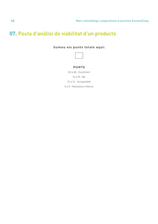 annual report 2020
68 Marc metodològic cooperatives d’alumnes EscolesCoop
07. Pauta d’anàlisi de viabilitat d’un producte
Sumeu els punts totals aquí:
PUNTS
20 a 26 - Excel·lent
15 a 19 - Bé
10 a 14 - Acceptable
5 a 9 - Necessita millorar
 