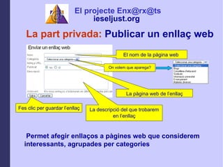 La part privada:  Publicar un enlla? web El contingut Permet afegir enlla?os a pgines web que considerem interessants, agrupades per categories El nom de la pgina web  La pgina web de lenlla? On volem que aparega? Fes clic per guardar lenlla? La descripci del que trobarem en lenlla? El projecte Enx@rx@ts ieseljust.org   