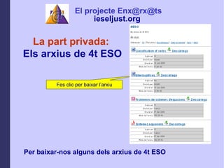 La part privada:  Els arxius de 4t ESO Per baixar-nos alguns dels arxius de 4t ESO Fes clic per baixar larxiu El projecte Enx@rx@ts ieseljust.org   