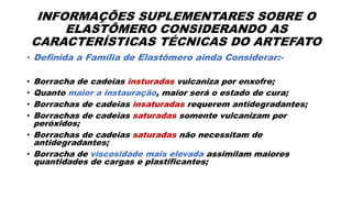 INFORMAÇÕES SUPLEMENTARES SOBRE O
ELASTÔMERO CONSIDERANDO AS
CARACTERÍSTICAS TÉCNICAS DO ARTEFATO
• Definida a Família de Elastômero ainda Considerar:-
• Borracha de cadeias insturadas vulcaniza por enxofre;
• Quanto maior a instauração, maior será o estado de cura;
• Borrachas de cadeias insaturadas requerem antidegradantes;
• Borrachas de cadeias saturadas somente vulcanizam por
peróxidos;
• Borrachas de cadeias saturadas não necessitam de
antidegradantes;
• Borracha de viscosidade mais elevada assimilam maiores
quantidades de cargas e plastificantes;
 