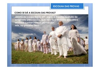 Liberto do corpo físico, em regra, o Espírito desfruta de
ampliada percepção, que não fica limitada aos cinco
sentidos conhecidos e usados por
nós, no planeta Terra.
ESCOLHA DAS PROVAS
COMO SE DÁ A ESCOLHA DAS PROVAS?
 