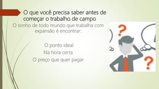 O que você precisa saber antes de
começar o trabalho de campo
O sonho de todo mundo que trabalha com
expansão é encontrar:
O ponto ideal
Na hora certa
O preço que quer pagar
 
