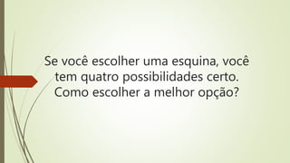 Se você escolher uma esquina, você
tem quatro possibilidades certo.
Como escolher a melhor opção?
 